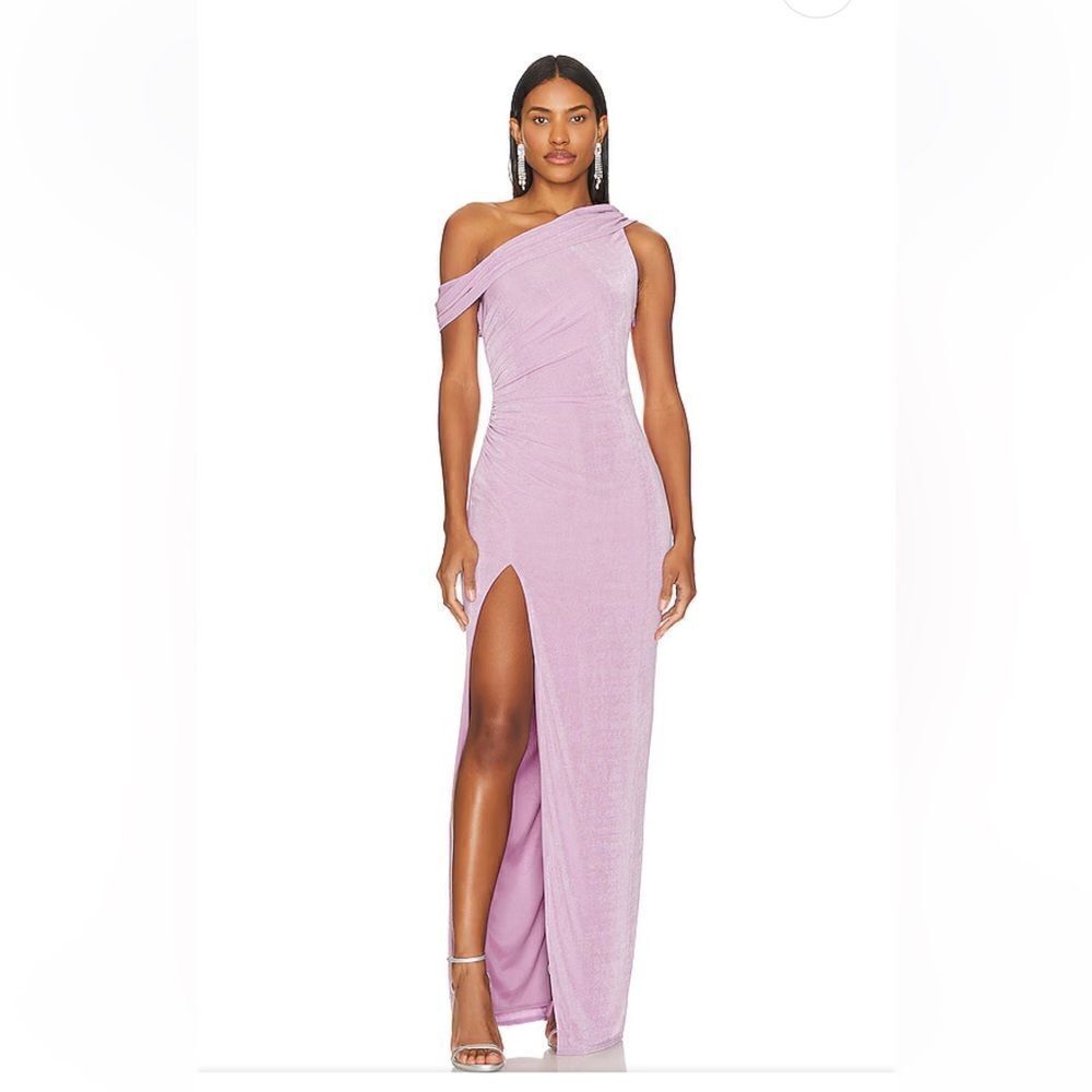 Katie May Rhea Dress Lilac Gown  stretch wedding guest bridesmaid Revolve Sz L